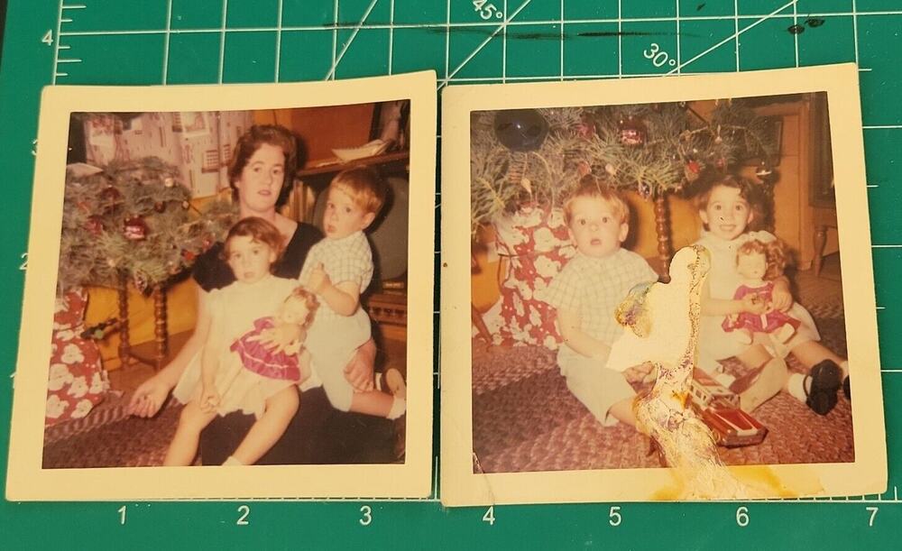 Vintage found photo snapshot 1960s two children christmas tree siblings